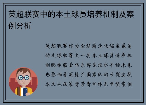 英超联赛中的本土球员培养机制及案例分析