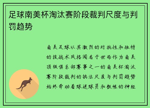 足球南美杯淘汰赛阶段裁判尺度与判罚趋势
