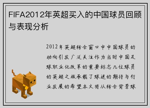 FIFA2012年英超买入的中国球员回顾与表现分析