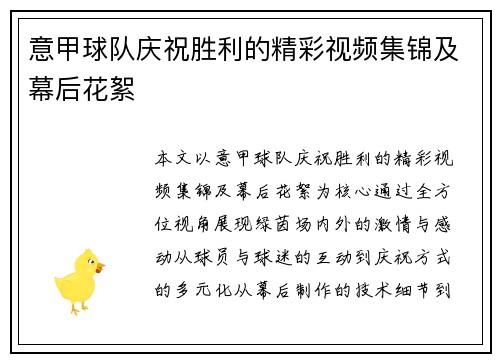 意甲球队庆祝胜利的精彩视频集锦及幕后花絮